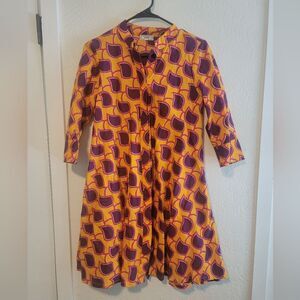 Zuri Abstract Orange Cotton Purple 3/4 Sleeve Button Up Aline Dress  Xxs